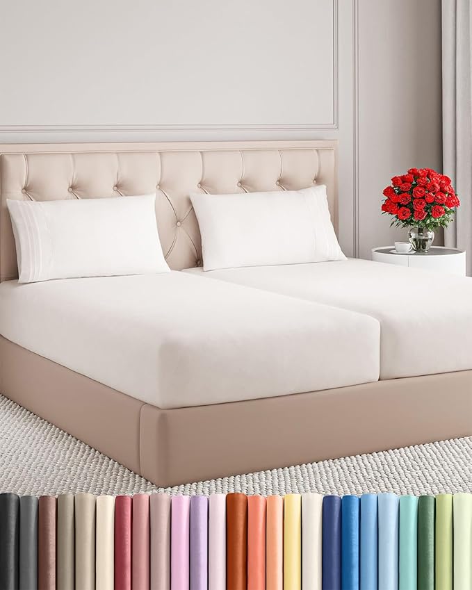 Split King Size 5 Piece Sheet Set - Comfy Breathable & Cooling Sheets - Hotel Luxury Bed Sheets for Women & Men - Deep Pockets, Easy-Fit, Extra Soft & Wrinkle Free - Antique White Oeko-Tex Bed Sheets