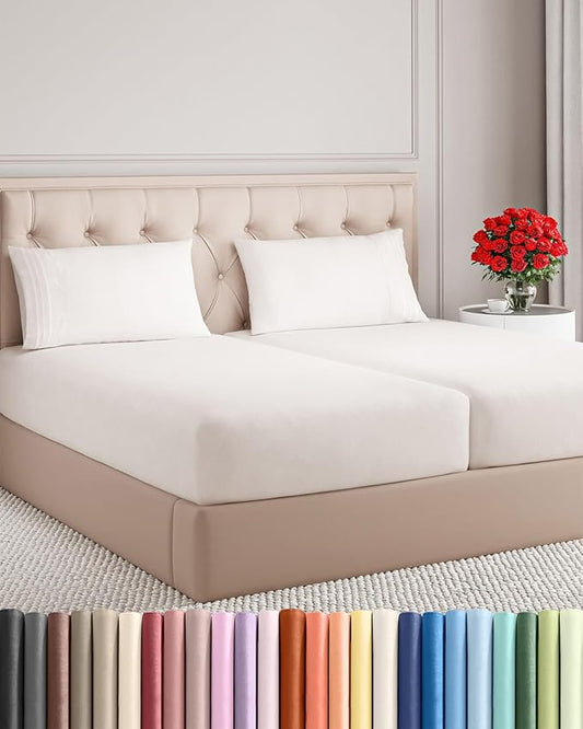 Split King Size 5 Piece Sheet Set - Comfy Breathable & Cooling Sheets - Hotel Luxury Bed Sheets for Women & Men - Deep Pockets, Easy-Fit, Extra Soft & Wrinkle Free - Antique White Oeko-Tex Bed Sheets