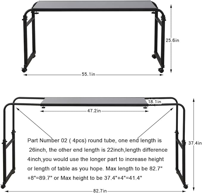TigerDad Overbed Table with Wheels, Rolling Desk for King Queen Full Bed Heavy Duty, 55"-83" Adjustable Length & Height Hospital Nursing Table, Mobile Cross Bed Laptop Stand for Home Work, Black