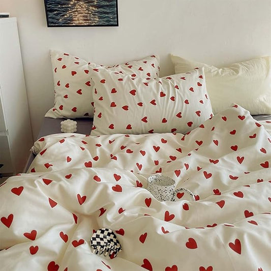 Nayoroom Heart Duvet Cover Twin Size Cute Red Love Heart Printed on White Bedding Set 2Pcs Kids Girls Kawaii Heart-Shaped Pattern Comforter Cover with Zipper Closure Soft Breathable Microfiber