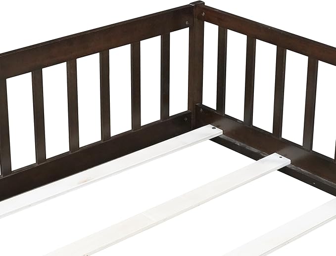 Bellemave Full Size Montessori Floor Bed Frame with Rails & Door, Solid Wood Kids Floor Bed Full with Removable Slats, Low Profile Montessori Bed for Children’s Sleep & Play, Espresso