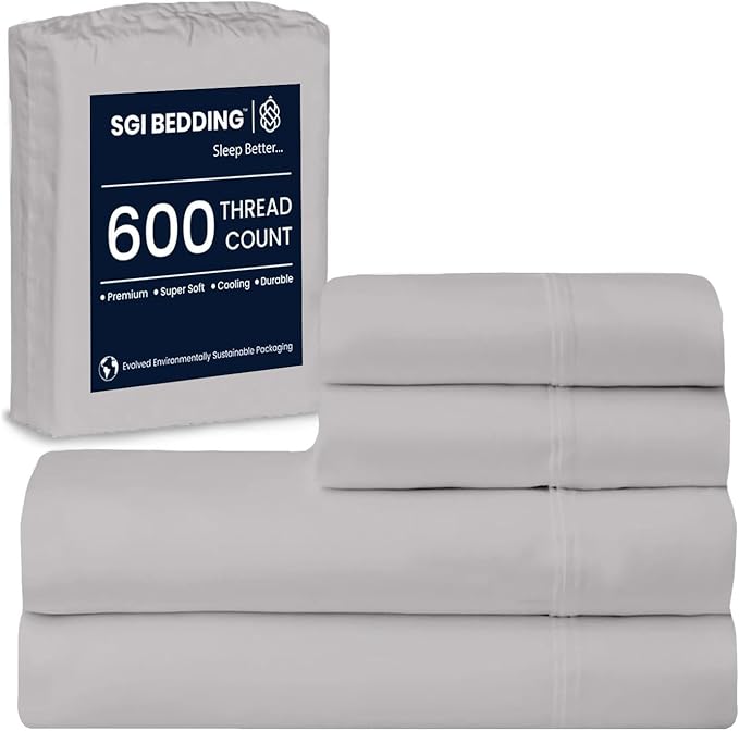 SGI bedding 100% Egyptian Cotton Sheets Full Size – 600 Thread Count Sheets Set, Soft, Cooling, 15" Deep Pocket, Luxury Hotel Bedding, Breathable, Durable - Silver