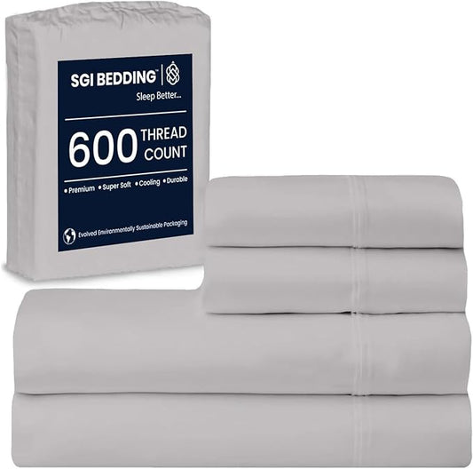 SGI bedding 100% Egyptian Cotton Sheets Queen Size – 600 Thread Count Sheets Set, Soft, Cooling, 15" Deep Pocket, Luxury Hotel Bedding, Breathable, Durable - Silver