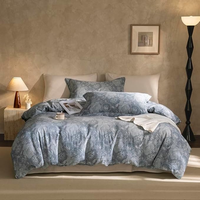 VM VOUGEMARKET Jacquard Grey Floral Duvet Cover Set King,Yarn-Dyed Cotton Duvet Cover with Zipper Closure Perfect for Men and Women