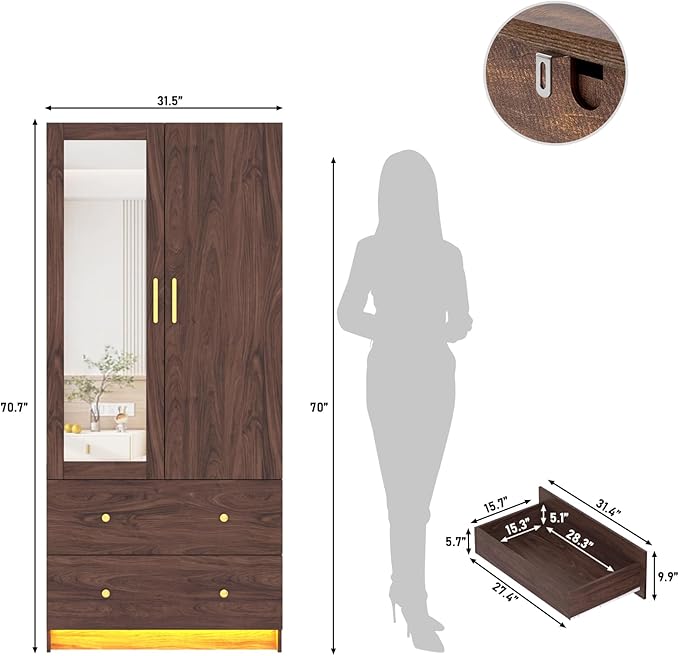 jiteentarou 2 Door Wardrobe Closet with Mirrors and LED Lights, Small Bedroom Armoire with Drawers, Modern Wooden Armoire Wardrobe Closet with Hanging Rod for Bedroom, Brown