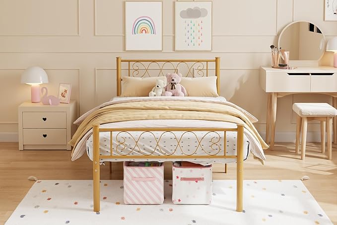GarveeHome Twin Size Metal Bed Frame with Headboard & Footboard 13.7 Inch Metal Platform Mattress Foundation Support with Strong Metal Slats, Under Bed Storage, No Box Spring Needed