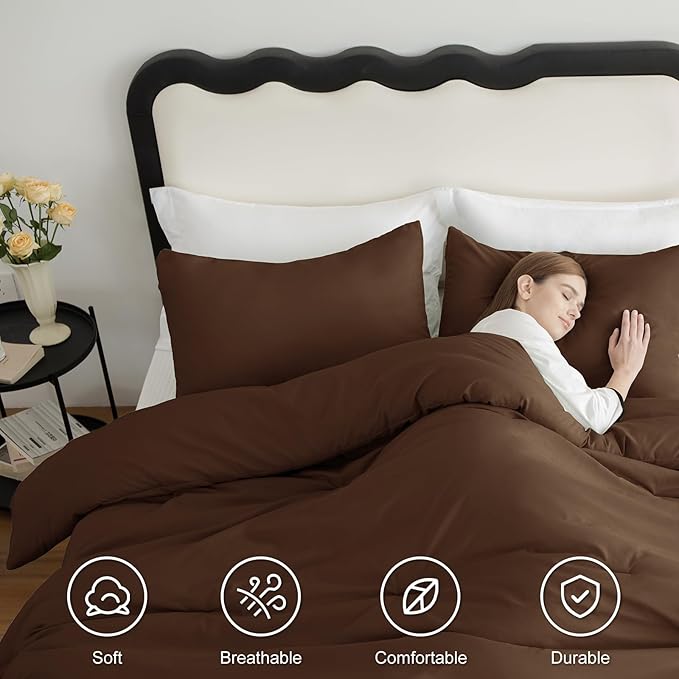 CozyLux Oversized Queen Comforter Set Brown, 3 Pieces 98x98 Solid Breathable Quilted Bedding Sets for All Season, Luxury Soft Lightweight Bed Set with Down Alternative Comforter and 2 Pillowcases