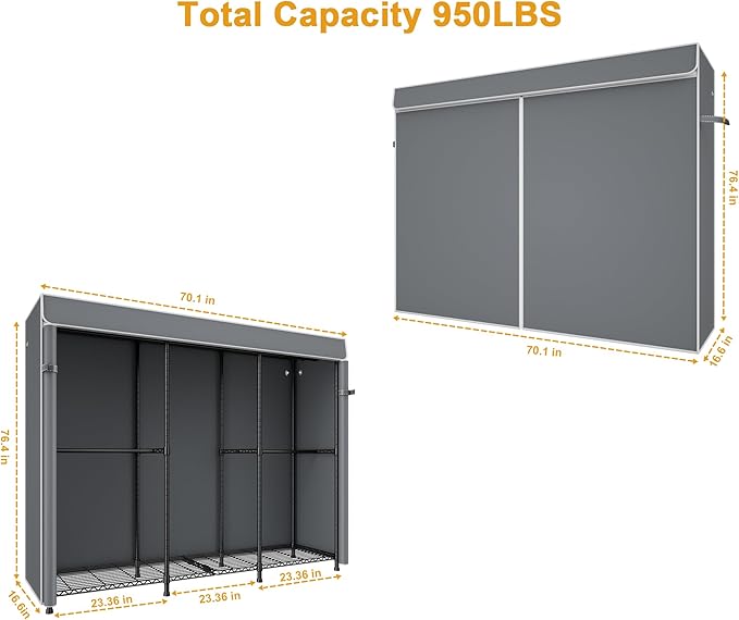 ULIFHOME E14C Pro Heavy Duty Closet Organizer System，Freestanding Clothing Racks for Hanging Clothes，Adjustable Garment Rack 70.1"W × 16.6"D × 76.4"H Hold 960 lbs，Black Rack with Grey Dustproof Cover