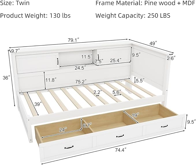Merax Twin Size Corner Bed Frames with Storage Drawers, USB Port, Led Downlight Headboard & Bookcase, Wooden L-Shaped Captain Daybed for Small Room, Bedroom, Guest Room, kids'Room, White