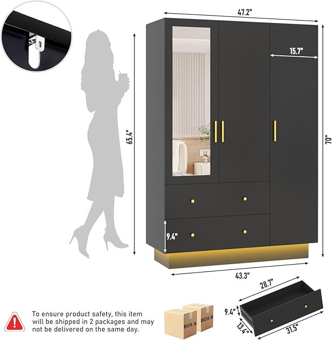 jiteentarou 3 Door Wardrobe Closet with Mirror and LED Lights, Bedroom Armoire with Drawers Shelves, Modern Wooden Armoire Wardrobe Closet with Hanging Rod for Bedroom, Black