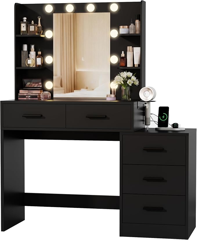Furmax Makeup Vanity Desk with Mirror and Power Outlet, Vanity with 3 Color Light Options Adjustable Brightness, Vanity Table with 5 Drawers, 6 Storage Shelves, Nightstands (Black)