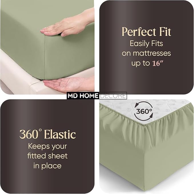 4 Piece Split Head Flex Sheet Set, 34" Top Split King Sheets for Adjustable Beds, 100% Egyptian Cotton, 16 Inch Deep Pocket, Soft Durable Breathable Sheets, Sage Solid, Ideal for Adjustable Beds
