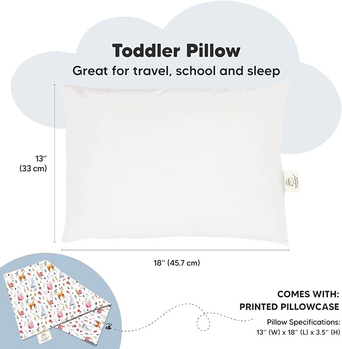 Toddler Pillow with Pillowcase - 13x18 My Little Dreamy Kids Travel Bed Pillows for Sleeping, Organic Cotton Small Pillowcase, Soft & Breathable, Machine Washable, Toddlers 2-5 years old (Forestland)
