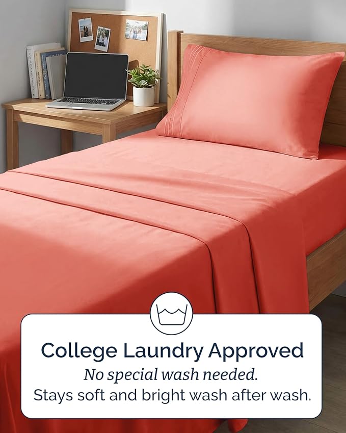 Twin XL Size 3 Piece Sheet Set - Comfy Breathable & Cooling Sheets - Hotel Luxury Bed Sheets for Women & Men - Deep Pockets, Easy-Fit, Extra Soft & Wrinkle Free Sheets - Coral Oeko-Tex Bed Sheet Set