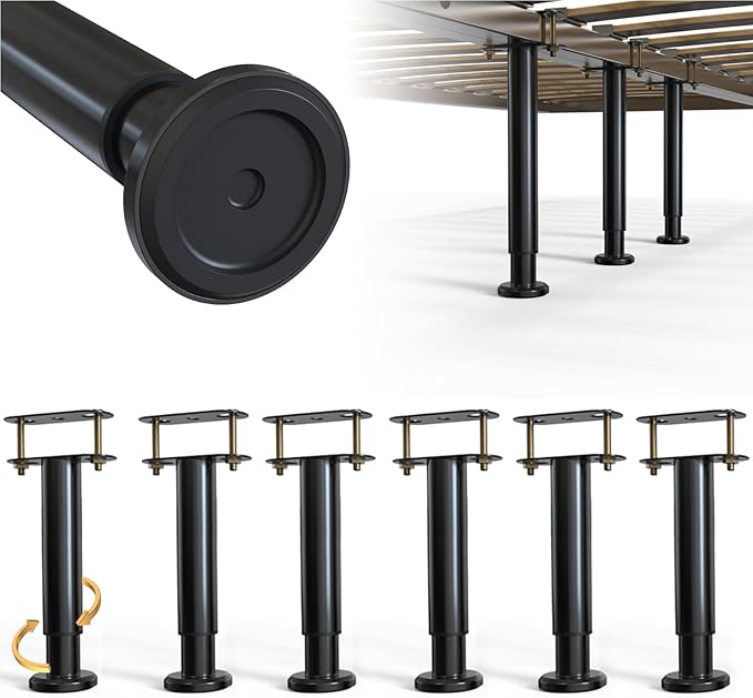 6Pcs Bed Frame Support Leg, Adjustable Height 5.8"-9", Extra Sturdy Steel Bed Frame Support Legs with Wider Rubber Base, More Stable/Quieter, Bed Slat Reinforcement Kit for King/Queen Bed