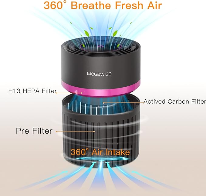MEGAWISE Portable Air Purifier, H13 True HEPA 3-in-1 Filter, 99.97% 0.3 Micron Filtration, Dust Smoke Pet Dander, Ozone Free, Ultra-Quiet 24dB, Small Tabletop Air Cleaner for Bedroom Home Office