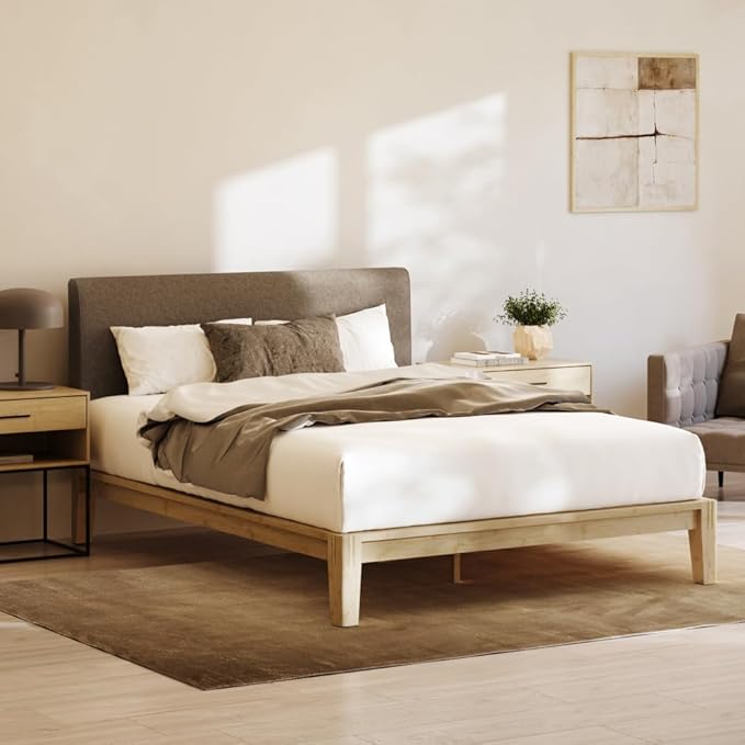Nectar Bamboo Platform Bed Frame & Upholstered Headboard - Queen - Walnut/Slate - Floating Center Support Legs -12” Height - Easy Tool Free Set Up - Sturdy Wooden Support Slats - Holds Up To 800 lbs