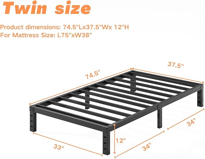 Twin-Size Metal Bed-Frame No Box Spring Needed,12-Inch Noise Free Black Platform Bed-Base, Easy Assembly,Heavy Duty Steel Slat Support Non Slip Mattress-Foundation