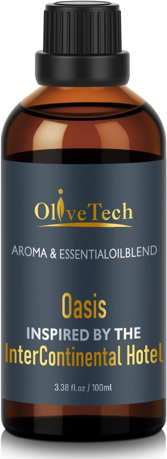 Hotel Diffuser Oil Inspired by Intercontinental Hotel Oasis Scent, OliveTech Aromatherapy Fragrance Oil for Cold Air & Ultrasonic Diffusers, 100ml / 3.38 ft oz Glass Bottle