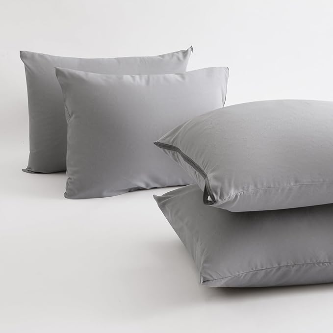 BEITE 4 Pack Pillow Case Protectors Queen-LightGray 20×30 Inches with Smooth Zipper Design -Comfortable and Skin-Friendly Pillowcase