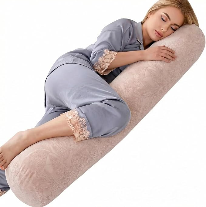 1 MIDDLE ONE Body Pillow for Adults, Bolster Pillow with Removable Velour Cover, Long Round Roll Cylinder Pillow for Bed, 47" x 7.87", Dusty Pink
