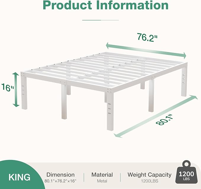 Novilla King Size Bed Frame, 16 Inch Metal Platform Bed Frame King Size with Storage Space Under Bed, Heavy Duty Steel Slat Support, Easy Assembly, No Box Spring Needed, White