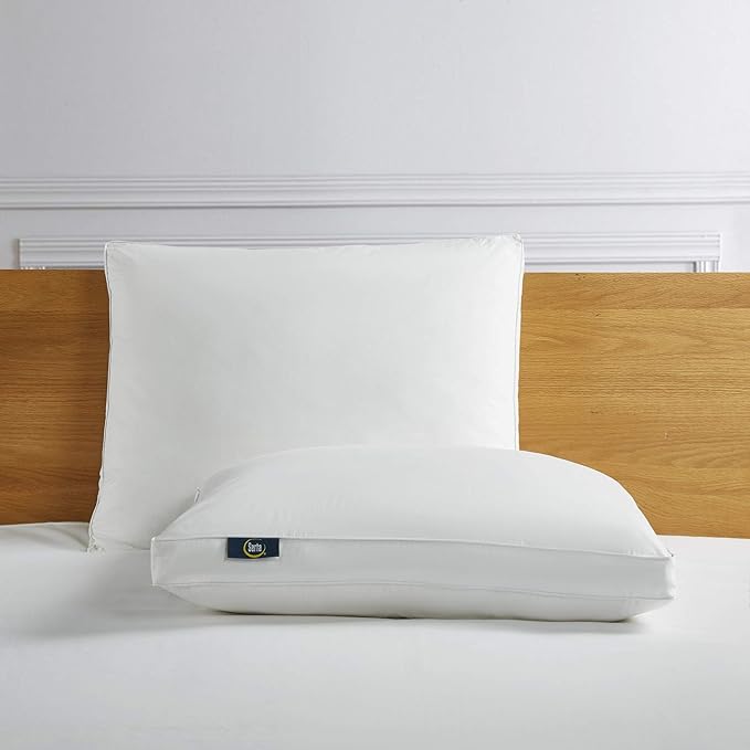 Serta 233 Thread Count White Goose Feather Down Fiber Pillows Medium Firm Jumbo Size Pillows Set of 2 Pack 100% Cotton Hotel Collection Bed Pillow for Side Sleeper