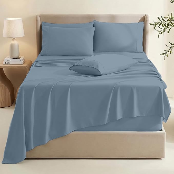 Hearth & Harbor Bed Sheets, Luxury Soft 6 Piece Bed Sheet Set Extra Deep Pocket Fitted Sheets Fits Mattress up to 21", Double Brushed Bedding Sheets & Pillowcases, Twin, Soft Blue