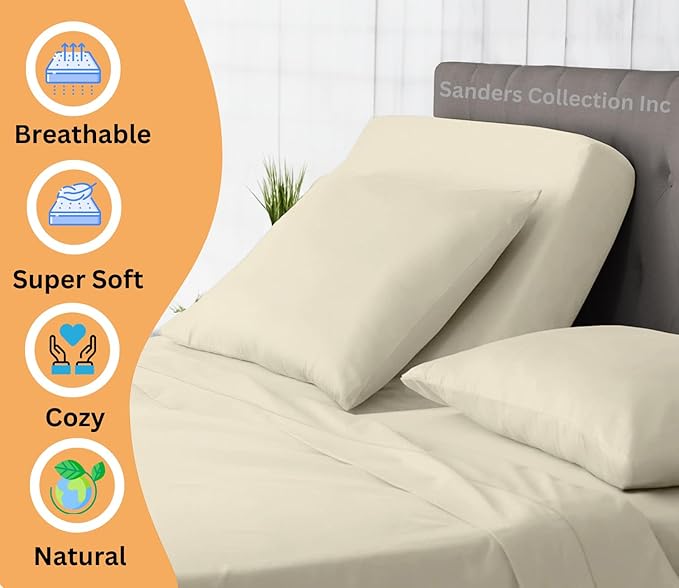 Sanders Collection Inc SCI Top Split Flex Sheet Set for Adjustable Bed 30" Split Head Queen Size 800 Thread Count 100% Egyptian Cotton 4 Piece Set fits up to 16 Inch Deep Pocket (Ivory)