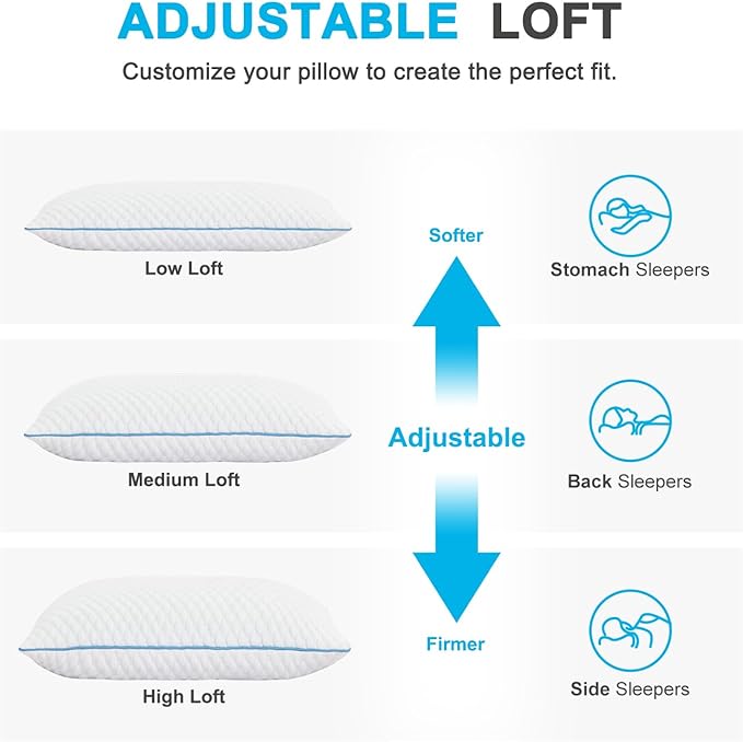 VVZ Cooling Bed Pillows Standard Size Set of 4,Shredded Memory Foam Pillows with Gel, Adjustable Firmness for Side, Back, Stomach Sleepers, 20x26, White