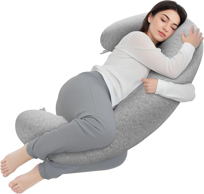 TranquilRelax C Shaped Body Pillow for Side Sleepers, Memory Foam Long Pillow for Leg, Hip & Back Support, Soft Washable Cover,Grey-53"*10"