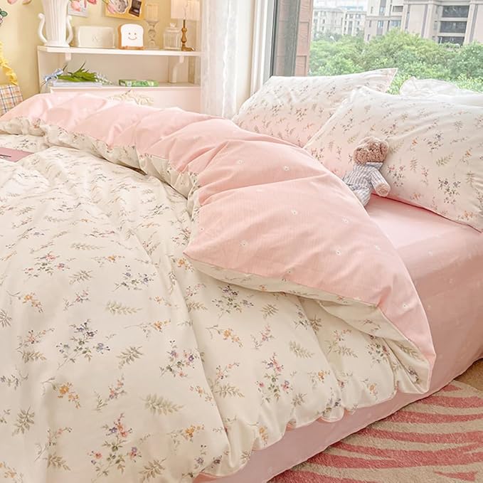 Nayoroom Floral Duvet Cover King Size Girls Pink White Botanical Flower Coquette Bedding Set 3 Pieces Soft Breathable Garden Cottagecore Aesthetic Comforter Cover with Pillow Shams