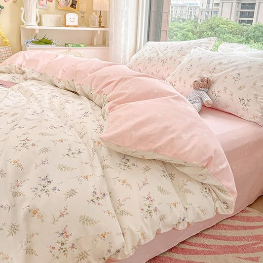 Nayoroom Floral Duvet Cover King Size Girls Pink White Botanical Flower Coquette Bedding Set 3 Pieces Soft Breathable Garden Cottagecore Aesthetic Comforter Cover with Pillow Shams