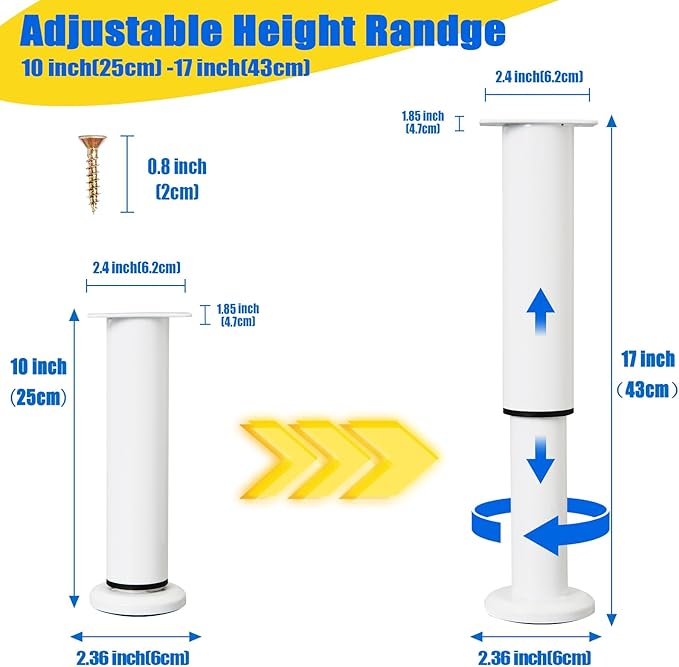 4 Pcs Adjustable Height Bed Support Furniture Legs [with Screws] for Bed Frame,Metal Adjustable 10-17 inch for Bed/Sofa/Cabinet/Couch/Dresser/Table -Heavy Bed Replacement Legs (White)