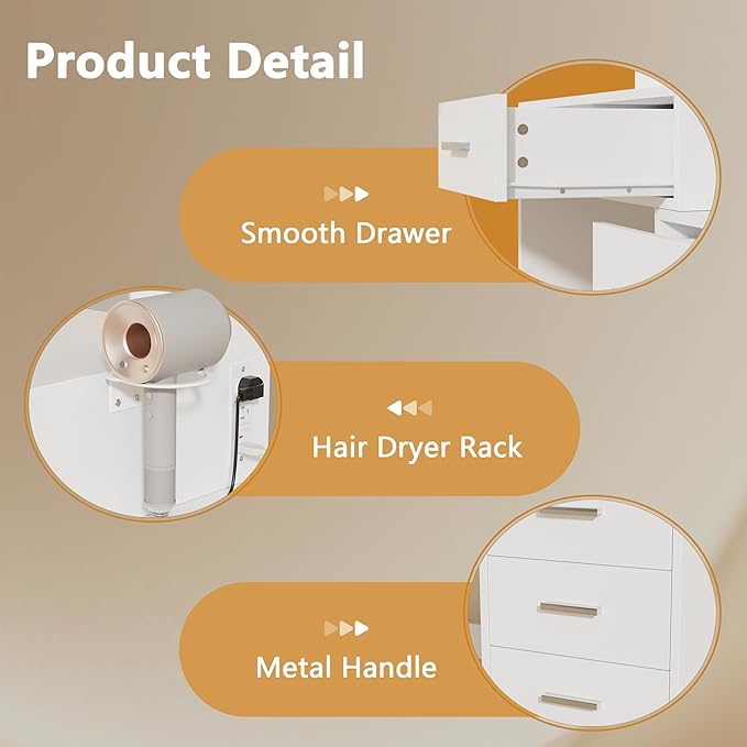 Furmax Makeup Vanity Desk with Mirror and Power Outlet, Vanity with 3 Color Light Options Adjustable Brightness, Vanity Table with 5 Drawers, 6 Storage Shelves, Nightstands (White)