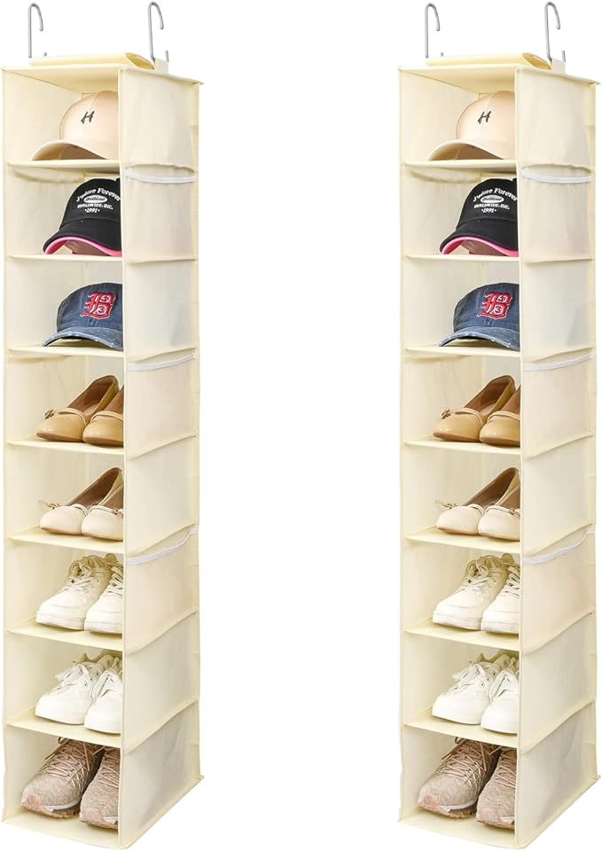 Berdeng Hanging Shoe Organizer for Closet with Side Mesh Pockets，Hat Racks for Baseball Caps，Shoe and Hat Holder & Storage，8-Shelf，Beige，2 Pack
