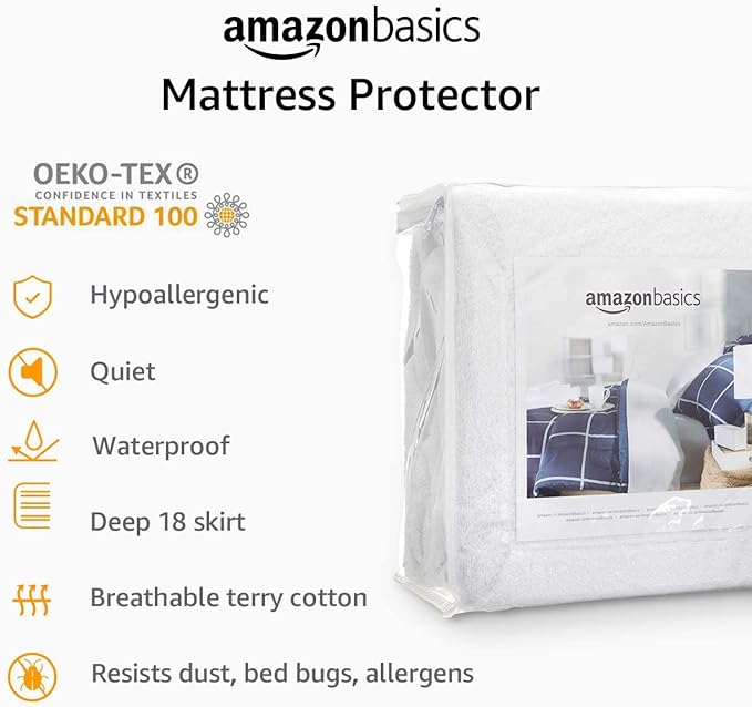 Amazon Basics Waterproof Breathable Mattress Protector, King Size, 18 inch Deep, Machine Washable, White