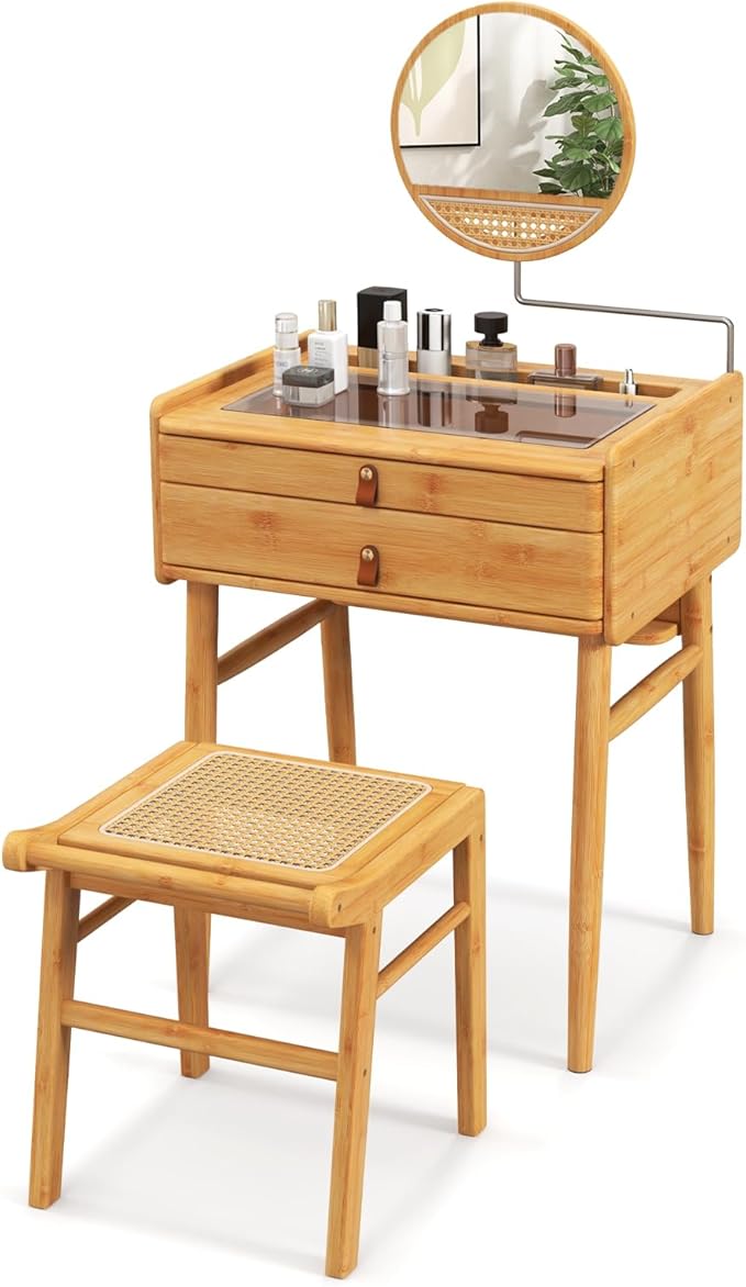 CHARMAID Makeup Vanity Table with Stool, Bamboo Vanity Desk with Rotating Mirror, 2 Drawers, Deep Storage Alcove, Tempered Glass Tabletop, Girls Dressing Table for Small Space Bedroom