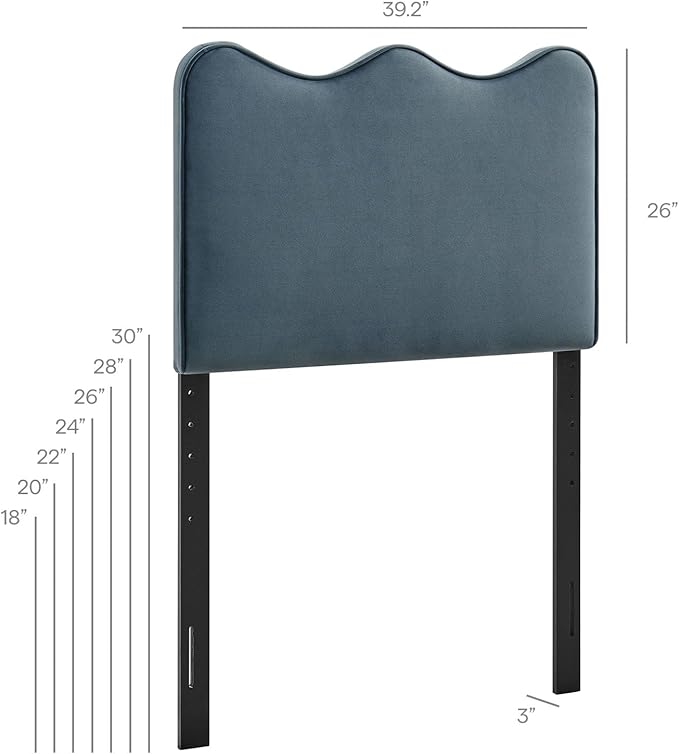Monday Athena Twin Size Performance Velvet Adjustable Headboard in Cadet Blue - with Scalloped Wave Design and Stain-Resistant Velvet Upholstery