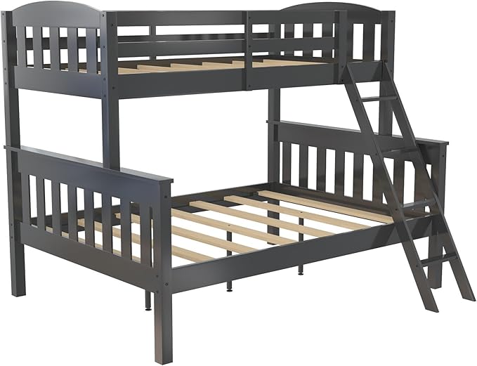 DHP Airlie Convertible Wood Bunk Bed Twin Over Full Size, Stackable and Detachable Bed Frames for Kids, Teens, Angled Ladder, High Guardrail, Wood Slats, No Boxspring Required, Grey