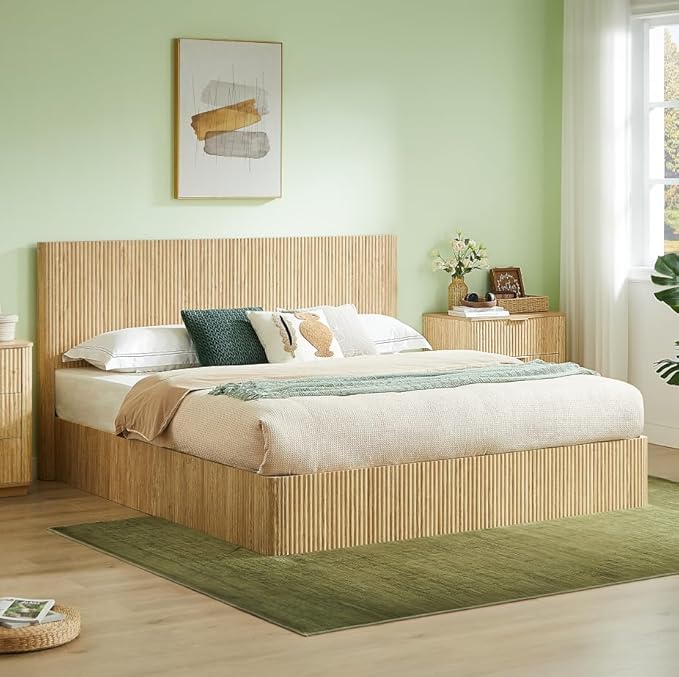 Bellemave King Size Lift Up Storage Bed, Oak Wood Lift Up Bedframe King, Wooden Corrugated Curved Lines, Hydraulic Storage,Oak