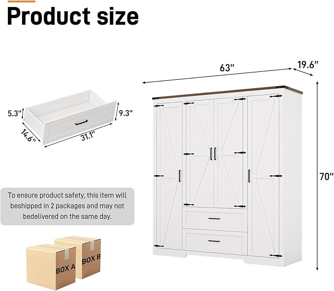 St.Mandyu Farmhouse Wardrobe Armoire Closet with 4 Doors and 2 Drawers, 70.1" Wooden Clothing Storage Cabinet, Freestanding Large Capacity Storage Wardrobe Armoire with Hanging Rod for Bedroom, White