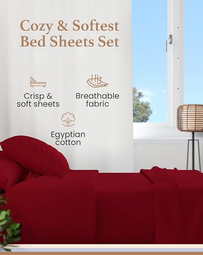 Good Sleep Bedding Split King Sheets Sets for Adjustable Bed, 5 Piece, 100% Egyptian Cotton Bed Sheets for Adjustable Bed, Sateen Weave, 16 Inch Deep Pocket Bed Sheet - Burgundy