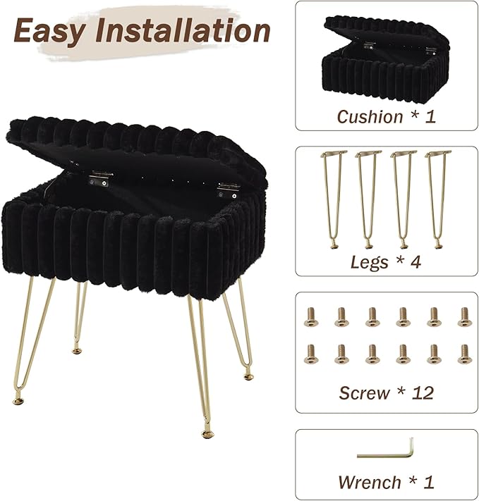 EBENCHICO Vanity Stool Chair with Storage, Faux Fur Stools for Vanity Makeup, Foot Stool Ottoman with 4 Metal Legs, Small Vanity Bench Seat Chairs for Living Room Bedroom