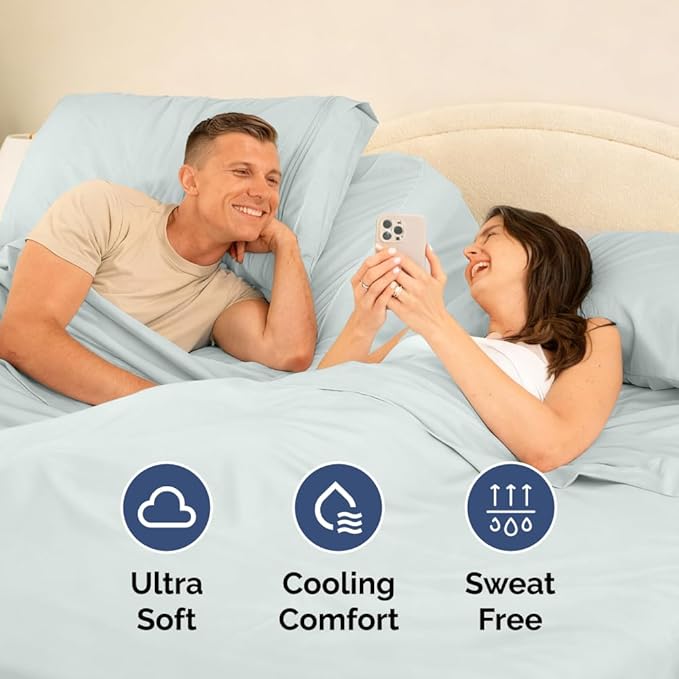 Flex Top Split Head King 4 Piece Sheet Set - Soft, Breathable & Cooling Bed Sheets Set - Hotel Luxury Bedding for Women & Men with Deep Pockets - Wrinkle Free & Fade Resistant - Oeko-Tex - Ice Blue