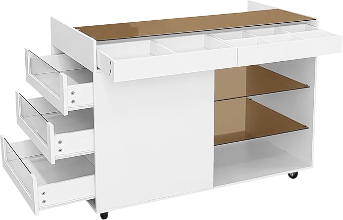 Movable Storage Cabinet Island, 43.3" Multi-Functional Island with 3 Side Drawer, a Reversible Top Storage Space and Two Glass Display Shelves, Vanity Table