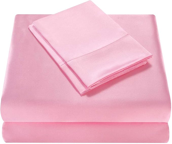 Homiest 3pcs Satin Sheets Set Luxury Silky Satin Bedding Set with Deep Pocket, 1 Fitted Sheet + 1 Flat Sheet + 1 Pillowcase (Twin XL Size, Pink)