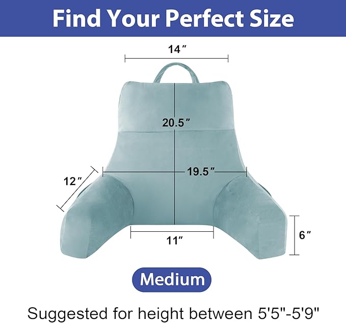 IPYNBAP Reading Pillow with Arms For Adult, Back Pillow for Bed Sitting Up, Shredded Memory Foam Backrest Pillow with Pockets & Removable Washable Cover, Lounging, Watching TV, Reading(20in Lake Blue)