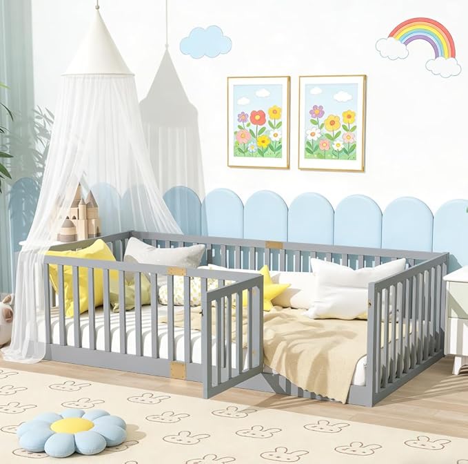 Bellemave Twin Size Montessori Floor Bed with 21.5" High Rails, Rubber Wood Twin Floor Bed with Slats and Door, Gray