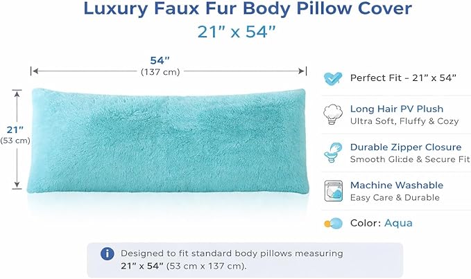 Reafort Luxury Faux Fur Body Pillow Cover 21" x 54", Long Hair PV Plush Body Pillow Case with Hidden Zipper Closure, Ultra Soft Fluffy Decorative Long Pillow Cover (Aqua, Body)